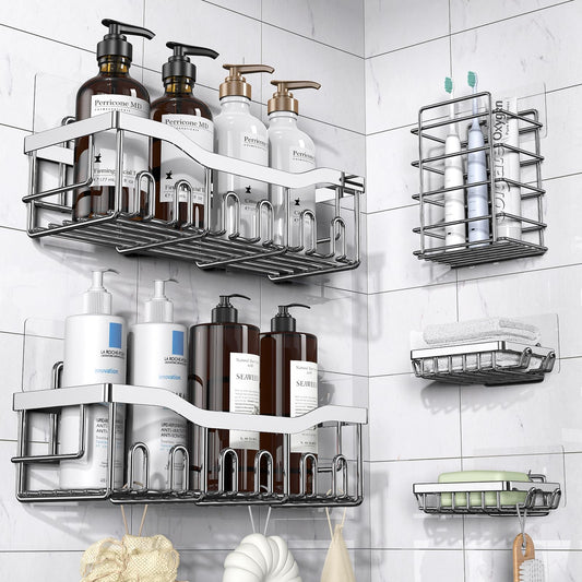 Shower Caddy 5 Pack,Adhesive Shower Organizer for Bathroom Storage&Home Decor&Kitchen,No Drilling,Large Capacity,Rustproof Stainless Steel Bathroom Organizer,Shower Shelves for Inside Shower-Larger