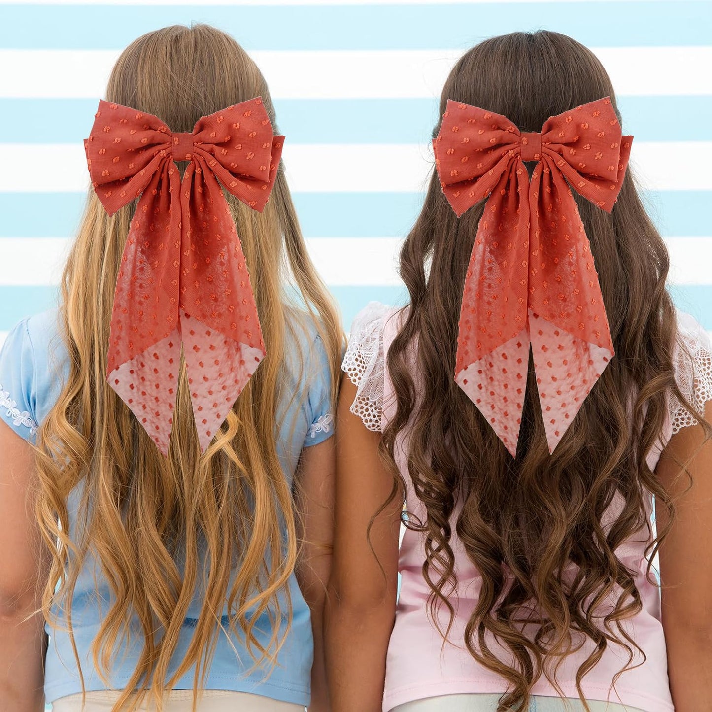 2PCS Large Hair Bows Ribbon Hair Clips, Double Layers Big Bow Hair Clip With Long Tail Ribbon Bowknot Hair Barrettes, Ponytail Holder Hair Accessories for Women Girls (Red-Orange)