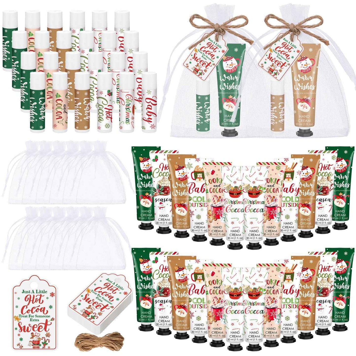 Demissle 36 Pcs Christmas Hot Cocoa Party Favors Hand Cream and Lip Balm Gifts Bulk Xmas Party Stuffers Christmas Stocking Favors Xmas Red Green Hot Cocoa Gifts Set for Baby Shower Guests
