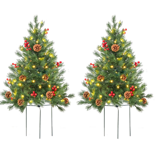 ENVEN 24 Inch Outdoor Christmas Tree 2 Set, Pre-lit Mini Christmas Tree Artificial Pathway Xmas Tree 50 LED with Red Berries, Pine Cones for Porch Holiday Decor