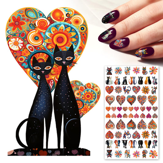 Nail Stickers Decals (5 Sheets) FLONZNAIL Happy Cats and Illustrations of Hearts and Flowers Vintage Styled Nail Decor