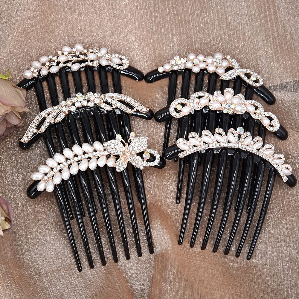 Yusier 2 PCS Bride Pearl Crown Side Comb Hair Ornament Rhinestone Butterfly Metal Hairstyle Decoration Elegant Flower Wedding Hair Accessories(G)