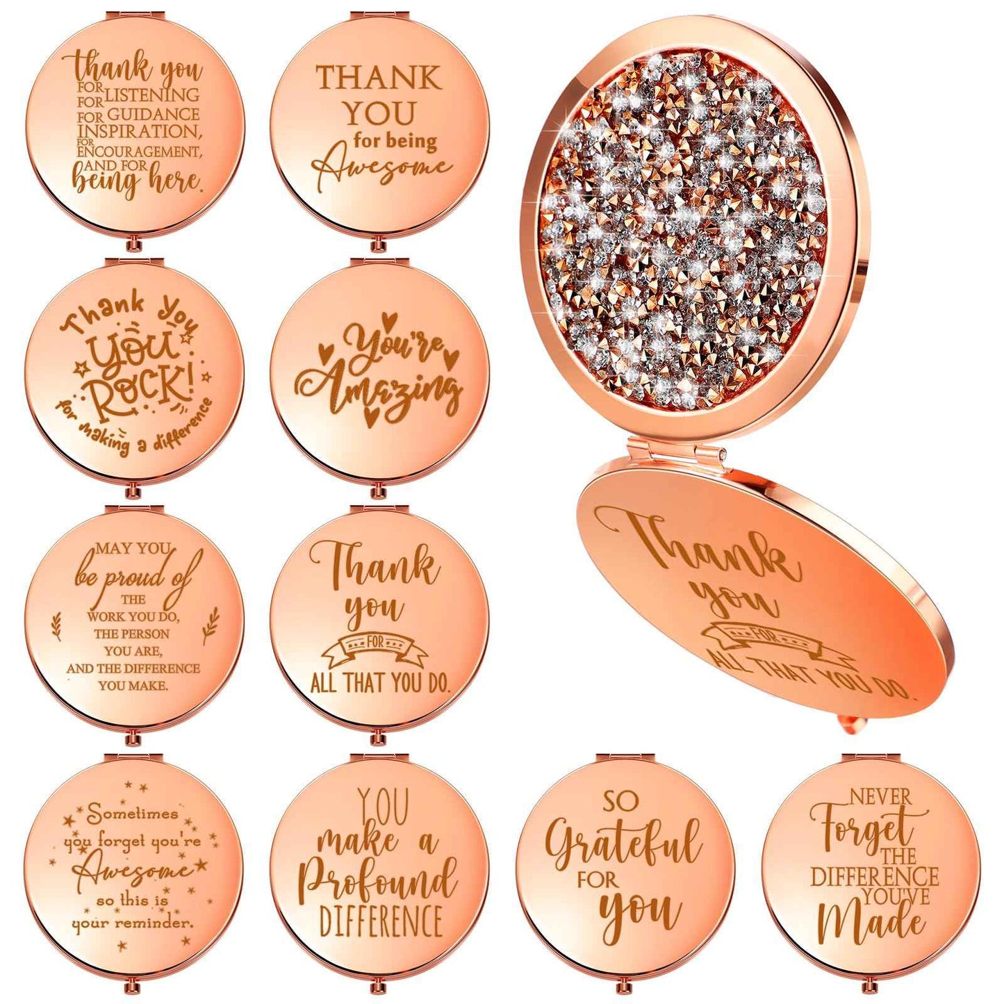 Kathfly 10 Pcs Thank You Gifts for Christmas Thanksgiving Women Mom Inspirational Compact Mirror Employee Appreciation Gifts Motivational Magnifying Pocket Mirror for Teachers(Rose Gold)