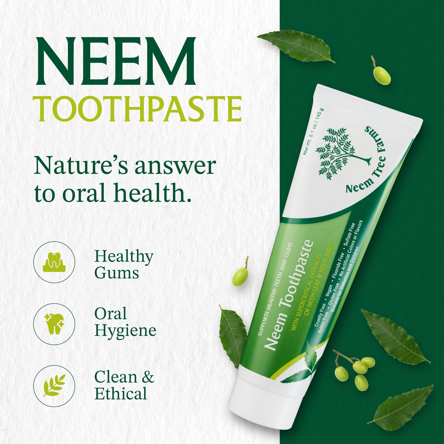 Neem Toothpaste - Fluoride Free Toothpaste Adult, Children & Diabetic Friendly - 100% Vegan Natural Toothpaste Fluoride Free, Gluten Free, No Artificial Ingredients - with Clove & Stevia (4 pk)