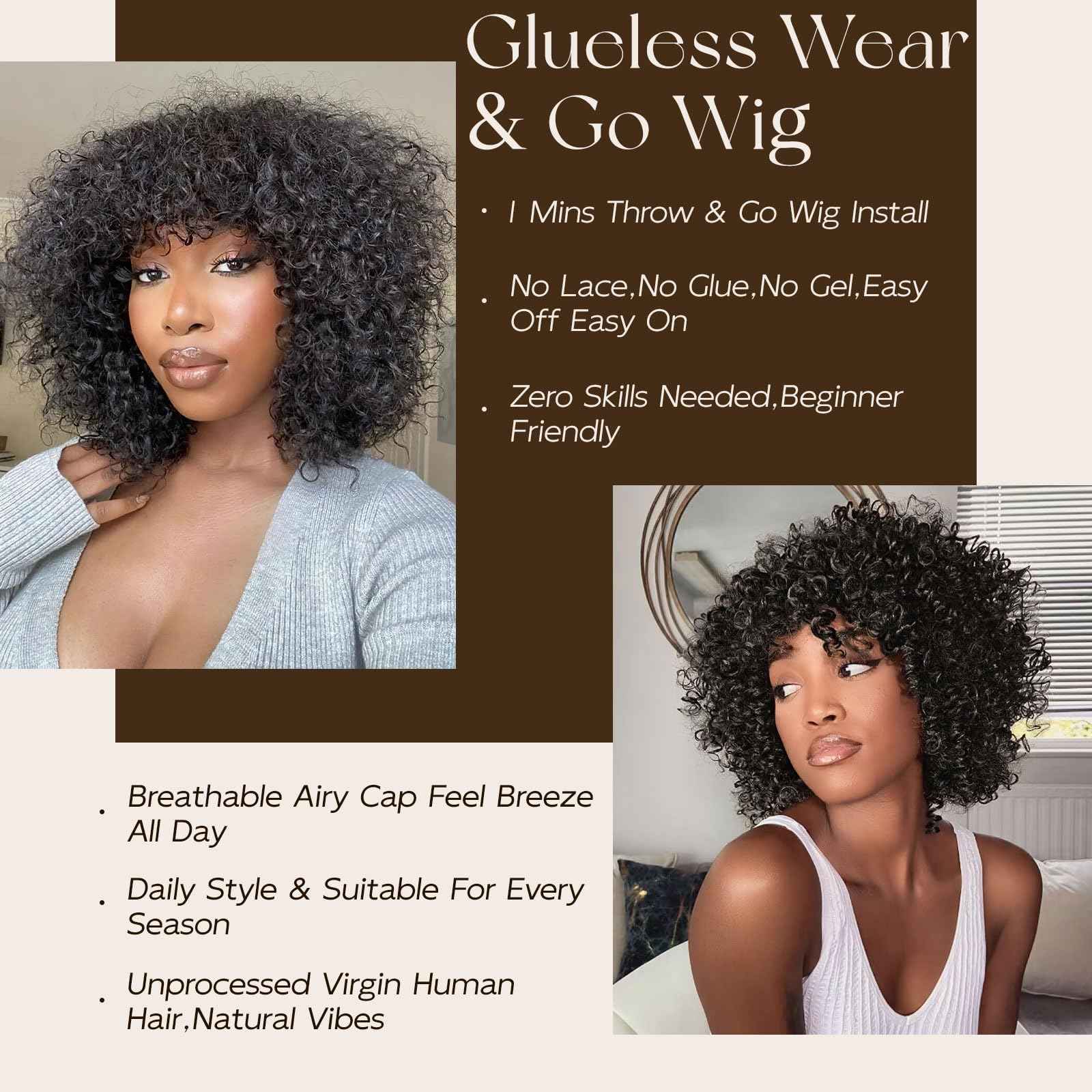 mscoco Bob Wig Human Hair Curly Wigs with bangs for Black Women Short Curly Bob Wig Human Hair Glueless Wear and Go Glueless Wigs Human Hair Black Curly Wig with Bangs