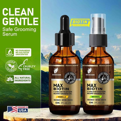 aokur 2 Pack Beard Growth Oil for Men – Vanilla & Unscented – High Strength Biotin Serum – Softens, Strengthens & Boosts Beard Growth – Gift Set for Father’s Day, Anniversaries & Christmas