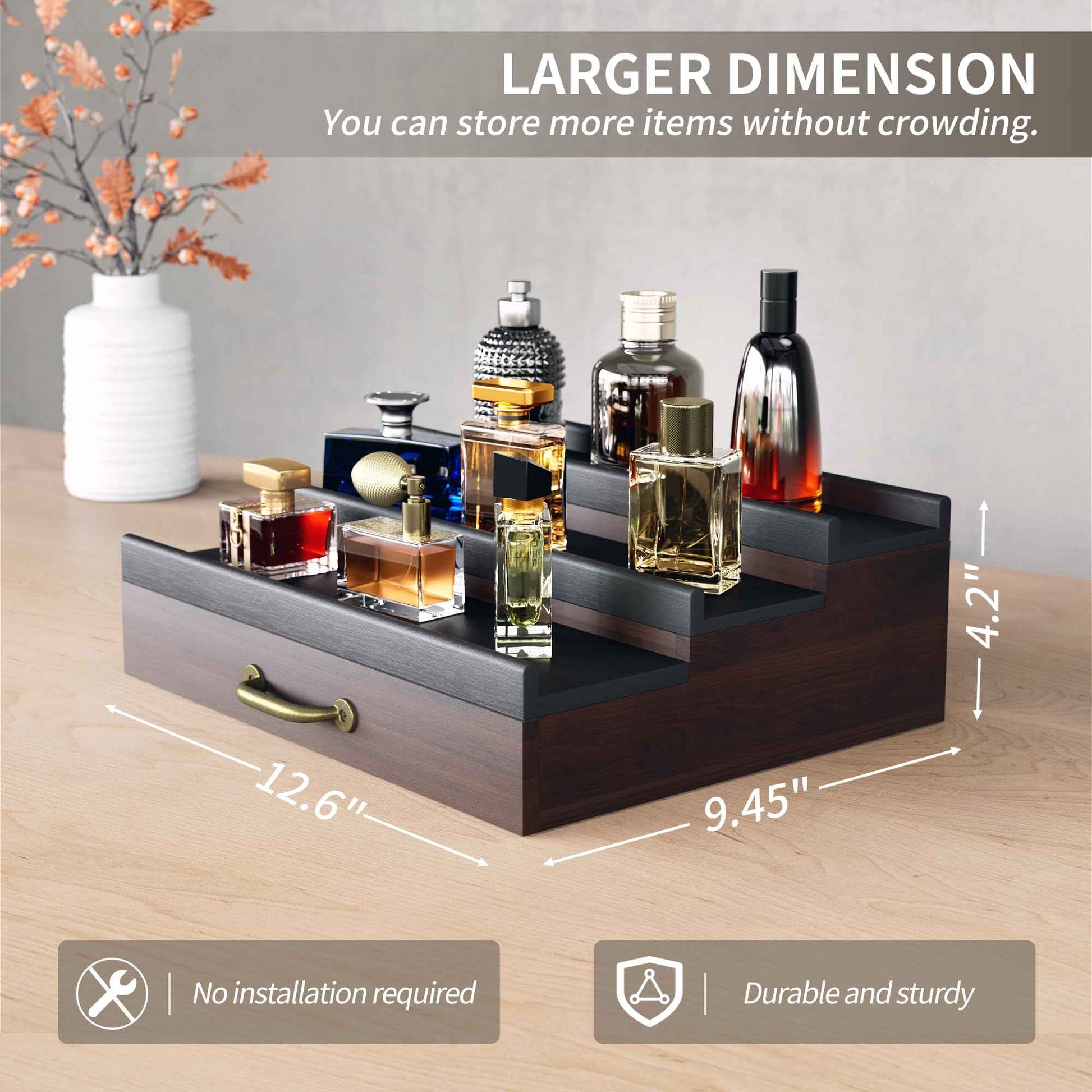 YIKIBOX Cologne Organizer for Men,Wooden Perfume Organizer with Hidden Compartment and Drawer,Cologne Stand and Storage Display Risers for Dresser,Great Gift for Men/Friend（DarkBrown）