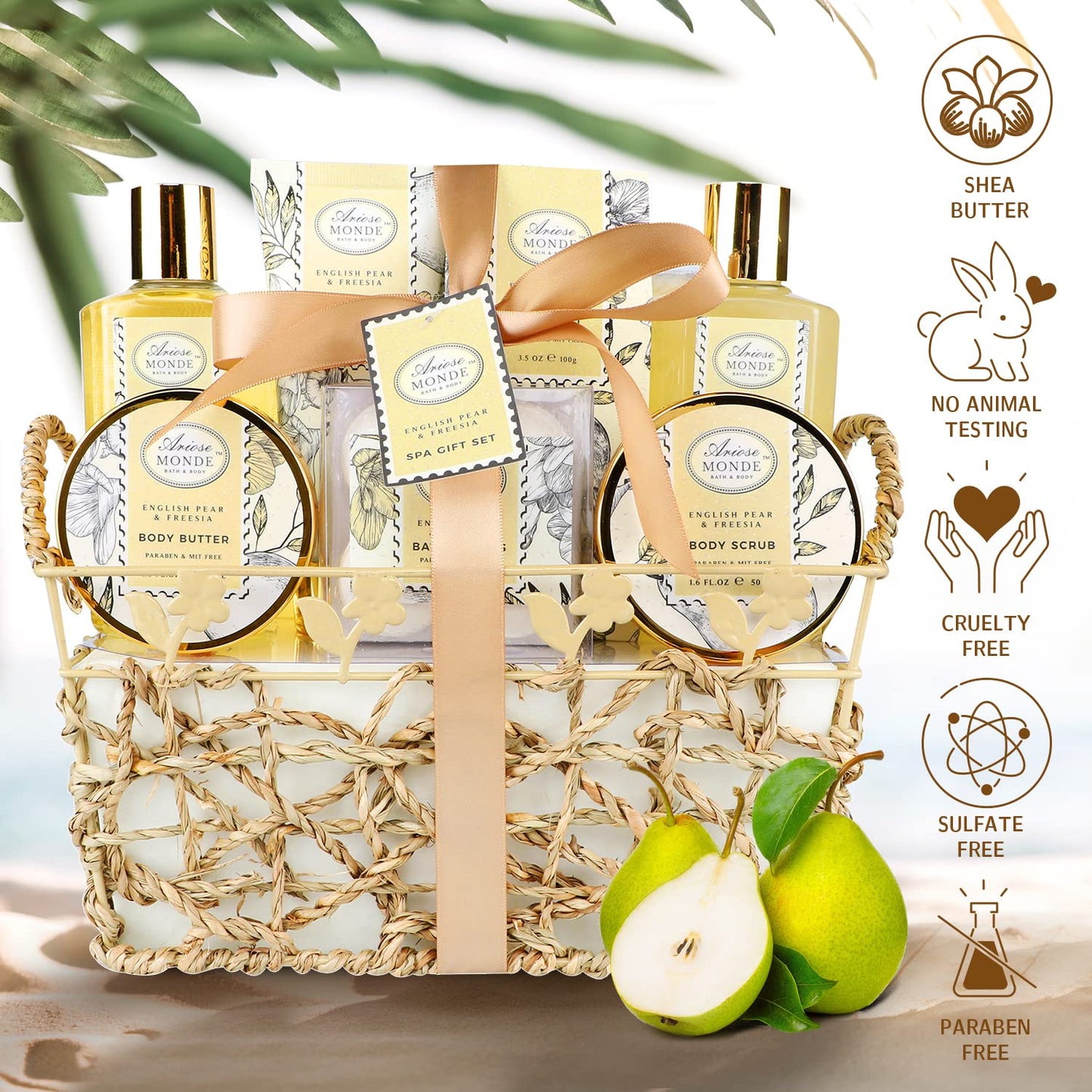 Bath & Shower Spa Gift Basket Set, with English Pear & Freesia Fragrance Bath Gift Basket for Women & Men Includes Body Lotion, Shower Gel, Bath Salts, Bubble Bath, Body Scrub and More, 9 Pcs