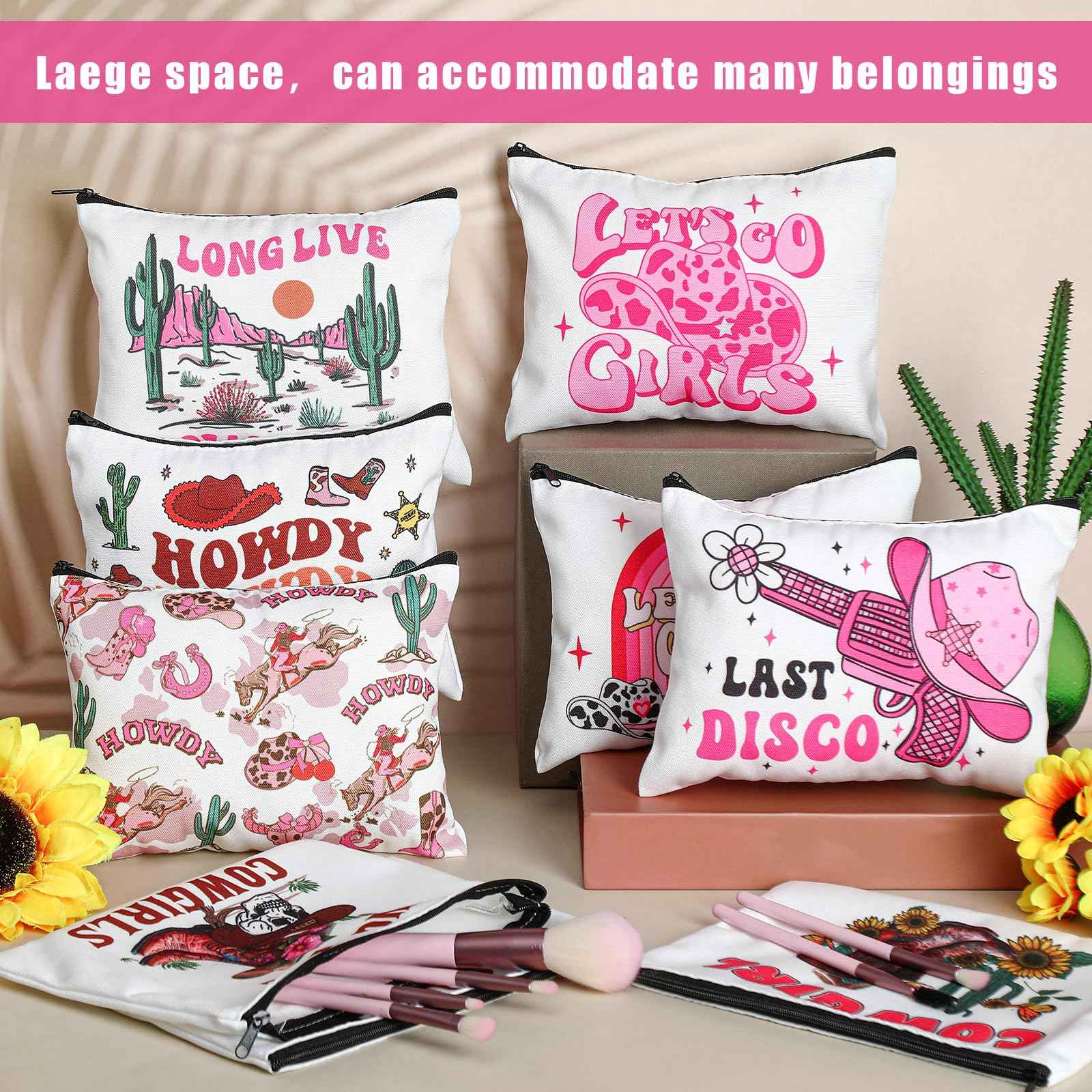 Reginary 18 Pcs Cowgirls Makeup Bag Disco Western Cosmetic Bag with Zippers Cowgirl Gifts Disco Party Favors Pouch for Women Girls Birthday Valentine's Stuff Supplies