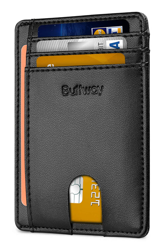 Buffway Slim Minimalist Front Pocket RFID Blocking Leather Wallets for Men and Women - Sand Black