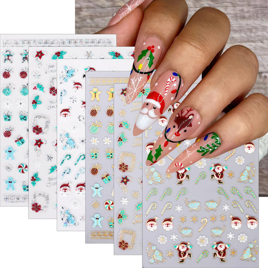 Christmas Nail Art Stickers Holographic Snowflakes Nail Decals 3D Self-Adhesive Laser Gold Silver Santa Claus Nail Sticker Cute Brazing Bell Gifts Gingerbread Man Nail Design for Women Girls 6 Sheets