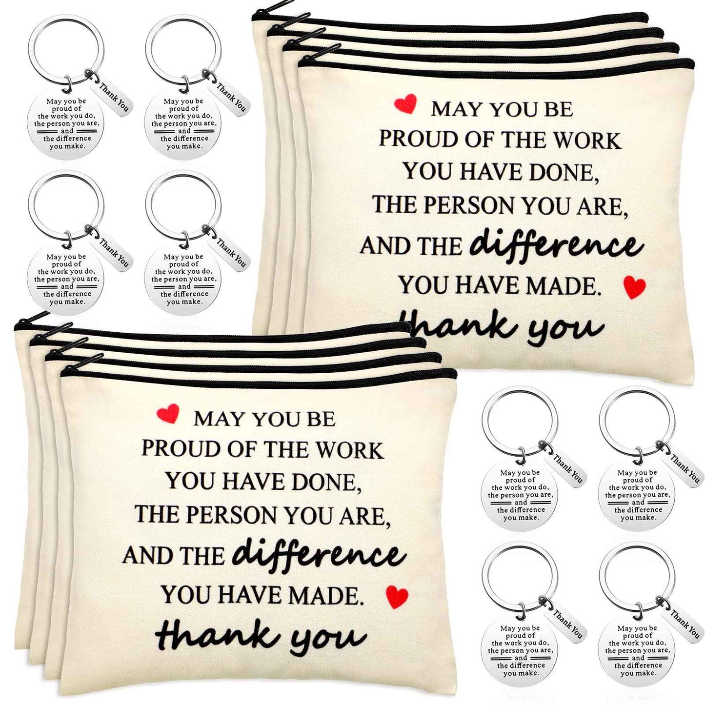 Geosar 16 Pcs Employee Appreciation Gifts Bulk Thank You Gifts for Women with 8 Inspirational Makeup Bags and 8 Thank You Keychains for Nurse Medical Assistant Grandmother Teachers Coworkers Staff