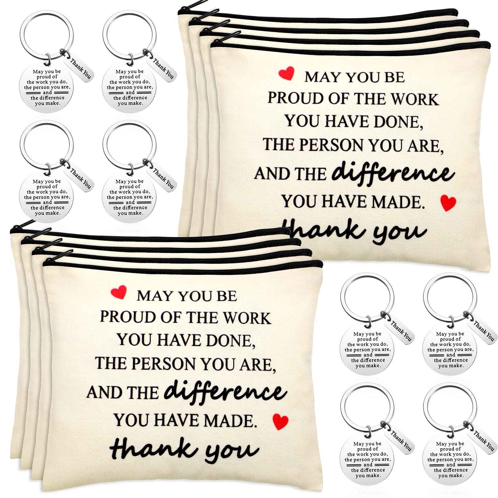 Geosar 16 Pcs Employee Appreciation Gifts Bulk Thank You Gifts for Women with 8 Inspirational Makeup Bags and 8 Thank You Keychains for Nurse Medical Assistant Grandmother Teachers Coworkers Staff