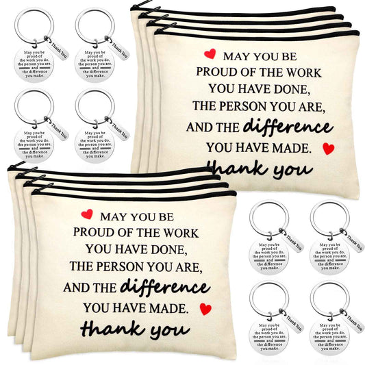 Geosar 16 Pcs Employee Appreciation Gifts Bulk Thank You Gifts for Women with 8 Inspirational Makeup Bags and 8 Thank You Keychains for Nurse Medical Assistant Grandmother Teachers Coworkers Staff