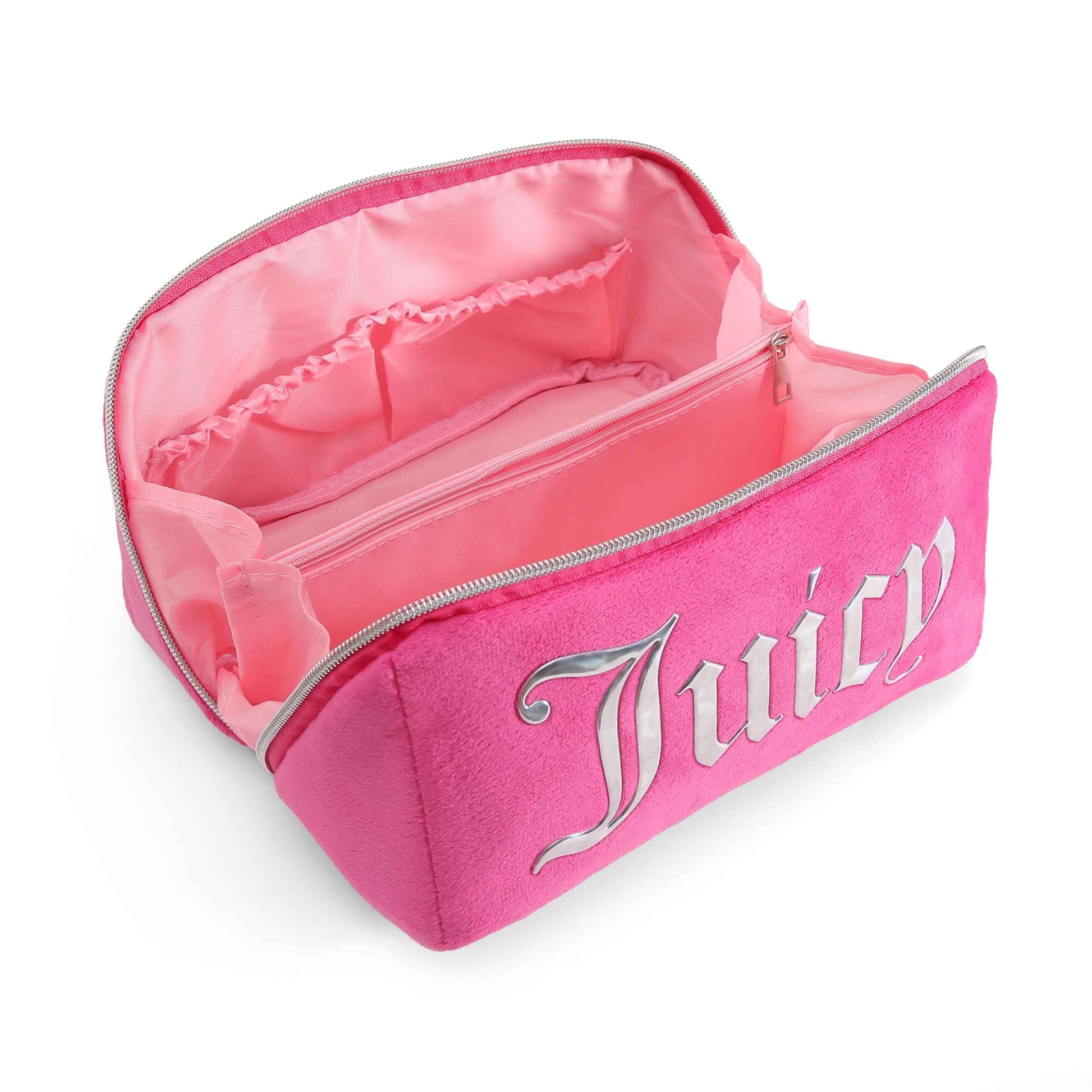 Juicy Couture Hot Pink Makeup Bag Cosmetics Organizer Travel Essentials Diagonal Loaf Velour Large Logo