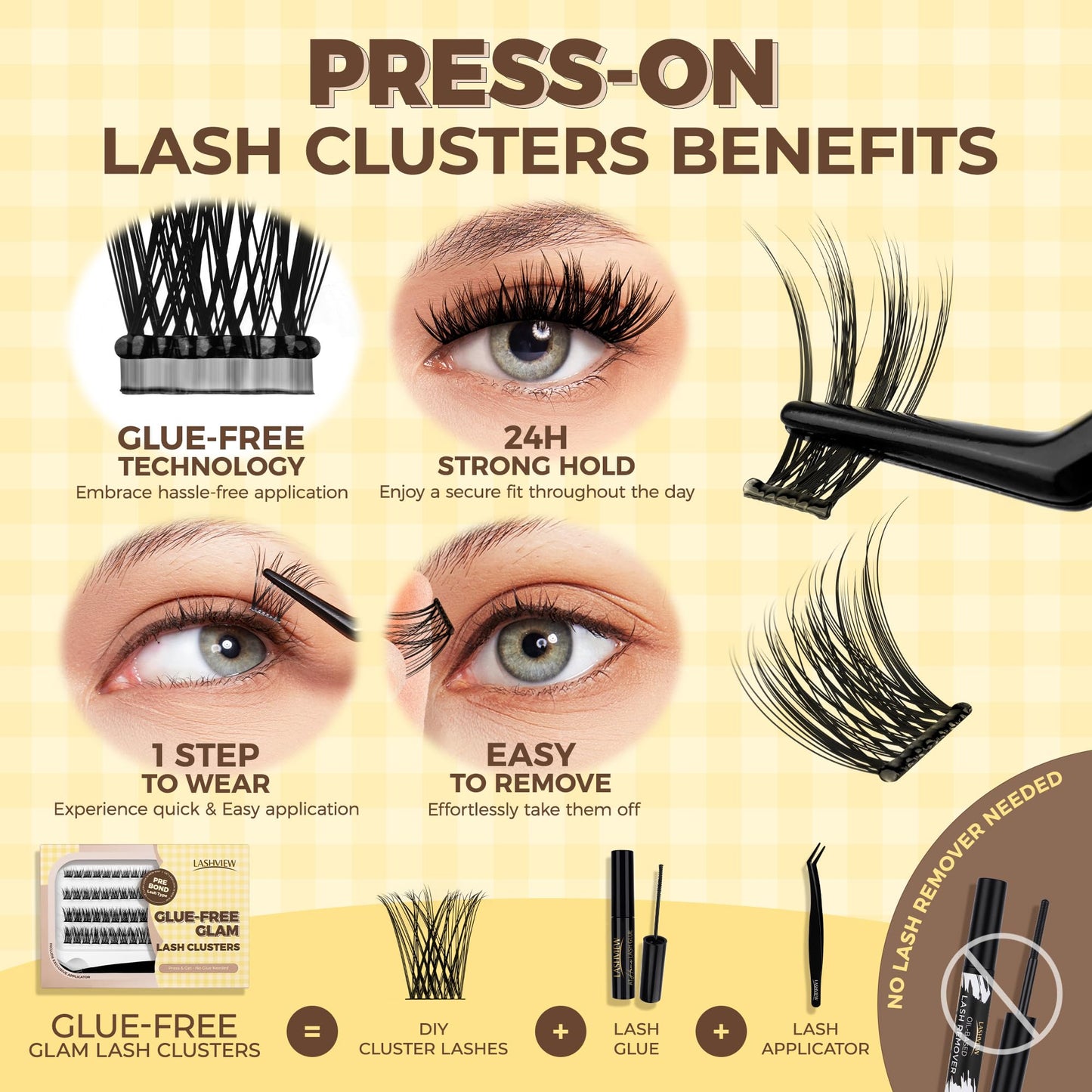 LASHVIEW Self Adhesive Lash Clusters Eyelashes,Press-on Lashes 10-16mm Individual Lash Extension Kit with Lash Tweezers,No Glue Needed Natural Self Adhesive DIY Cluster Lashes Kit (48PC)