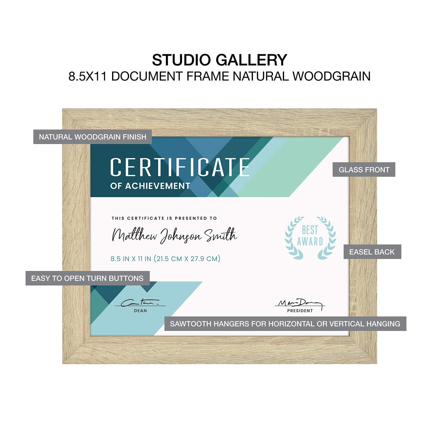 MCS Studio Gallery 8.5x11 Picture Frame Natural Woodgrain, Rectangle Photo Frame for Photos, Posters & Art Prints & Easel for Tapletop Display (1-Pack)