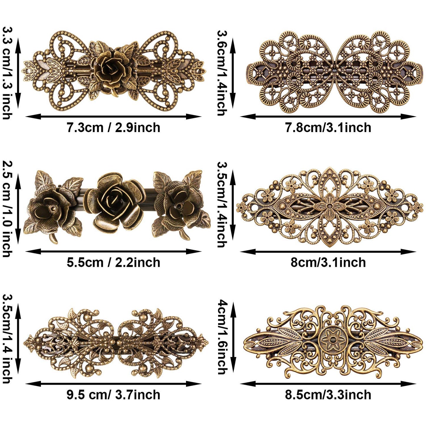 6 Pieces Vintage Hair Barrettes/ Clips for Women Retro French flower Metal Bronze Girl Hair Styling Pins/ Accessories