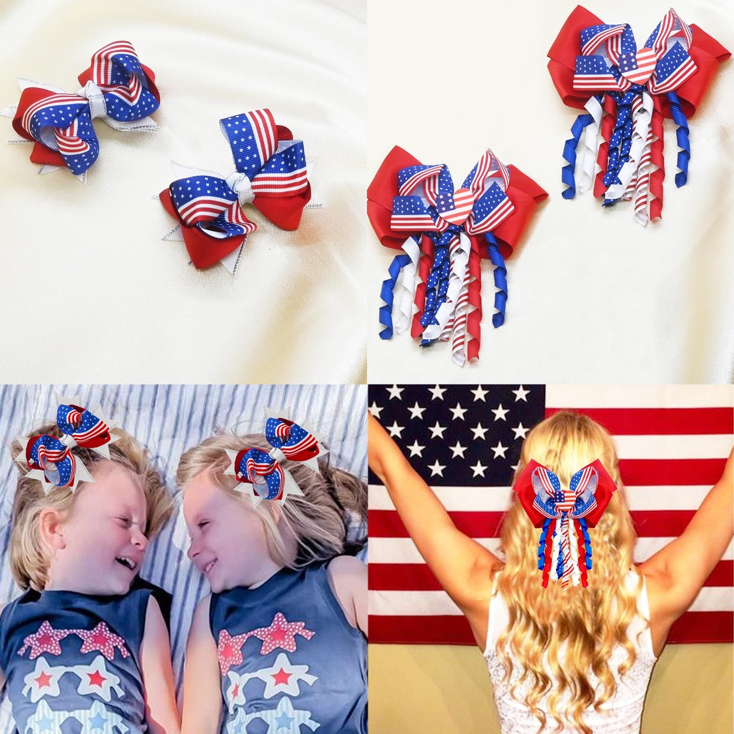 JUCCPUL 4Pcs 4th of July Hair Bows Clips for Girls American Flag Barrette Hair Bow Patriotic Stars and Stripes Hairgrips Baby Girls Women Hair Accessories 5inch