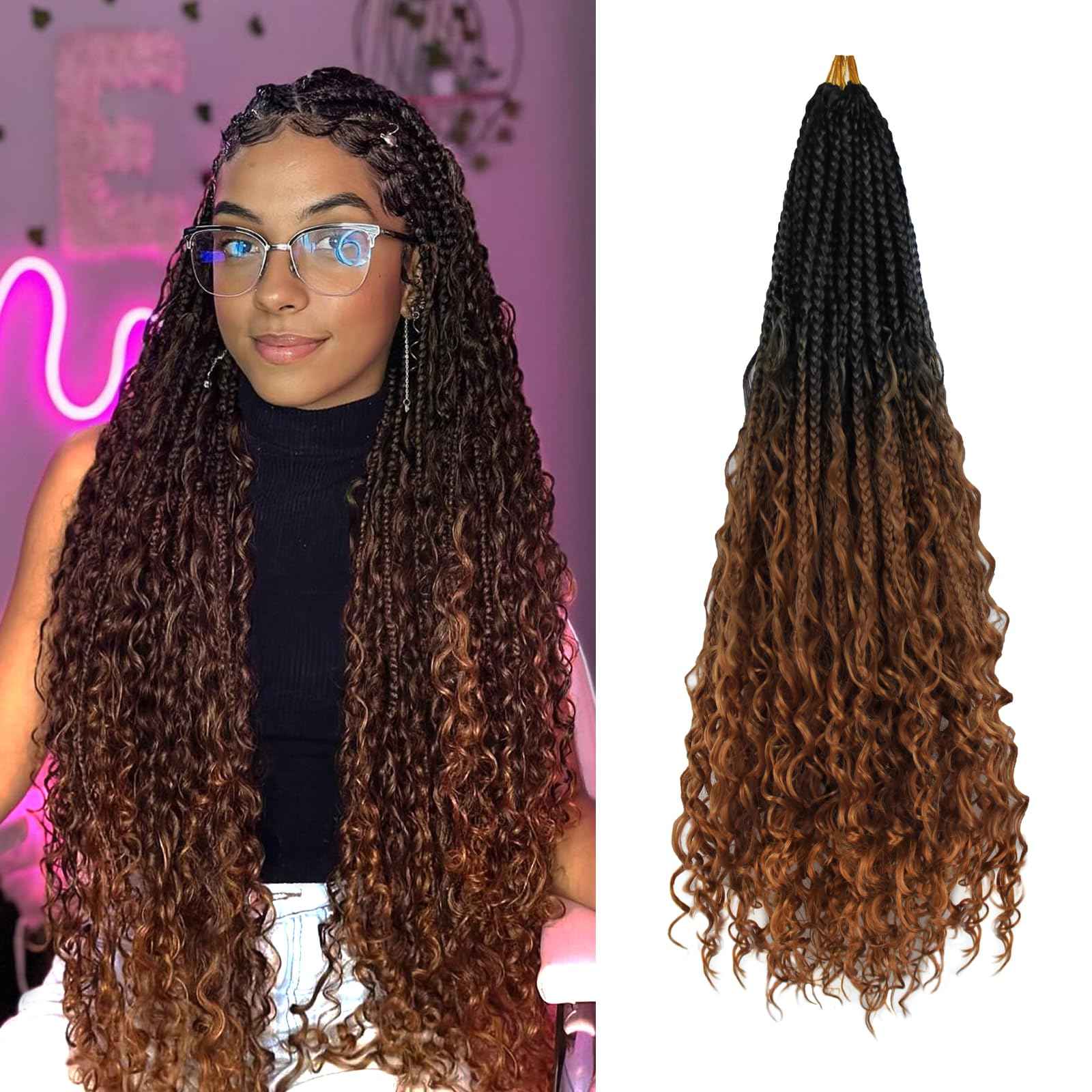 Vustbeauty 9 Packs Boho Box Braids Crochet Hair 24 Inch Goddess Box Braids Crochet Hair With Curly Ends Synthetic Bohemian Braids Hair Extension For Women (24inch, OT30)