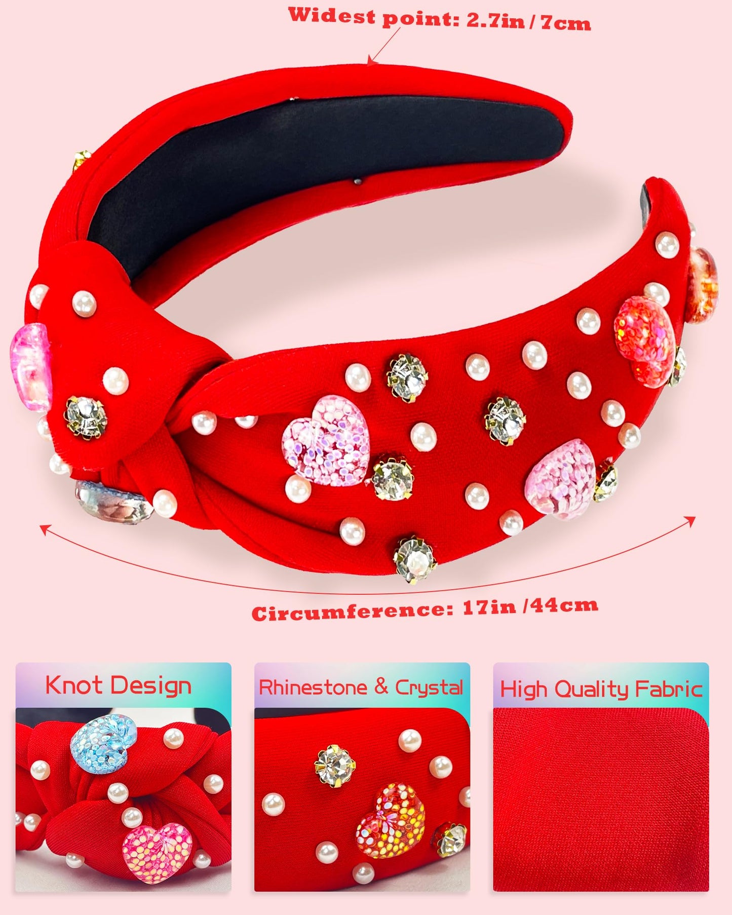 Bnikion Sweet Valentine's Day Heart Candy Embellished Red Headband Rhinestone Headband for Women Top Knot Twist Wide Hair Band Jeweled Crystal Knotted Headband Valentine's Day Gifts for Her