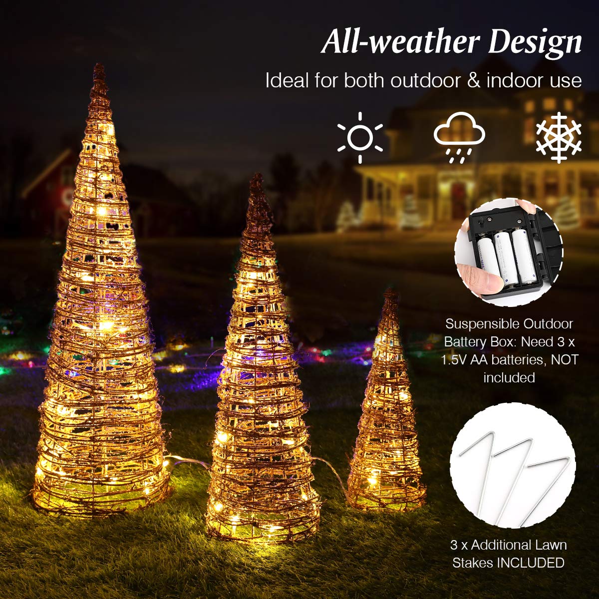 Lewondr Christmas Cone Trees, Set of 3 Christmas Tree with Lights and Winding Rattan Vine(24"/18"/12"), Battery Powered Decorative Cone Christmas Tree Cone Light for Home Holiday Xmas Décor, Natural