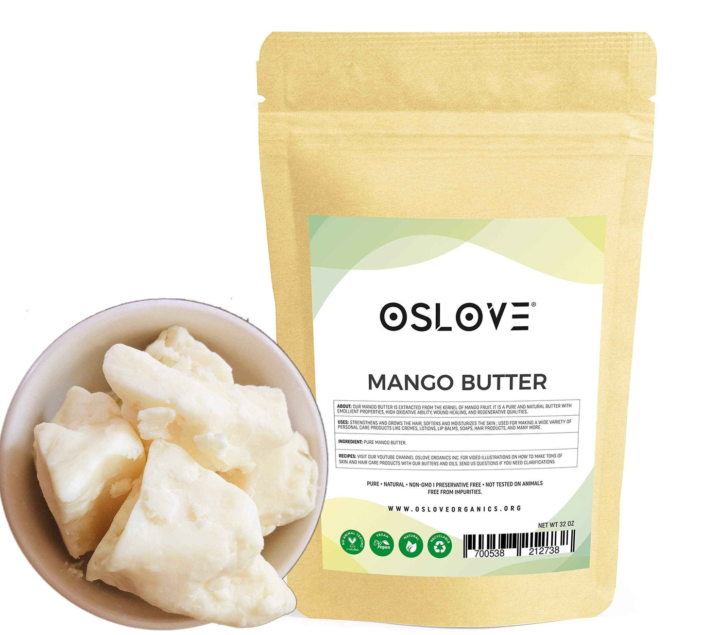 Oslove Organics Mango Butter 2 LB Pure, Natural, Hand -packed, Fresh & Fluffy in DIY mixes | Obtained from Mango seeds | Use for DIY leave in conditioner, Salves, Body Butter, Lotions & Soaps