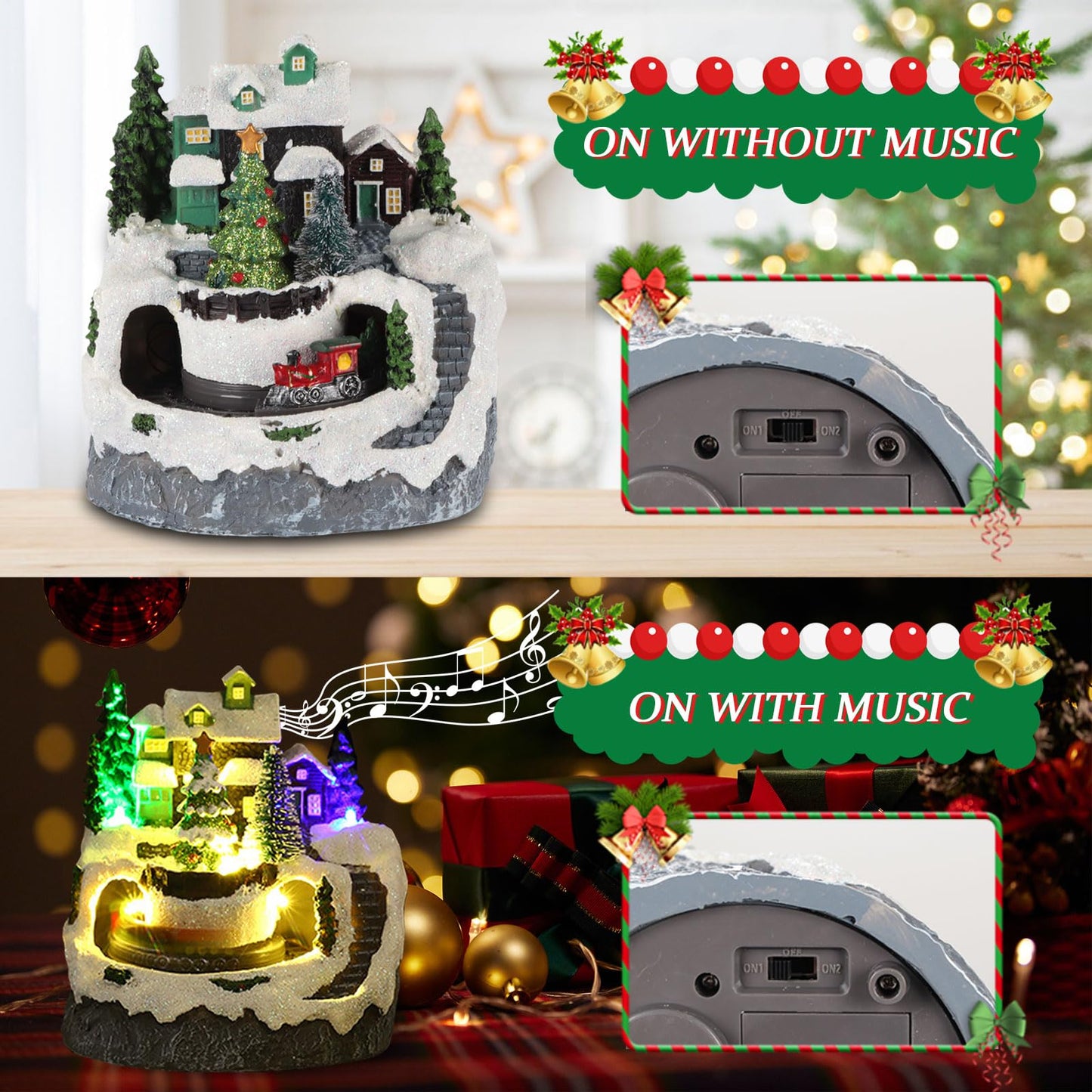 Christmas Village House Made of Resin, Christmas Snow House Electric Musical Light Up House with Spinning Train & 8 Music & LED Light for Christmas Decorations Indoor (Christmas Tree)