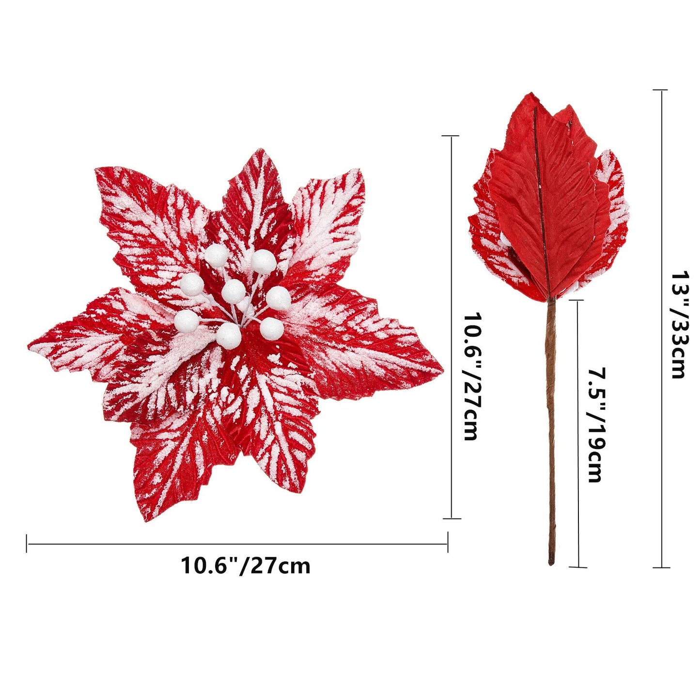 FuleHouzz 10pcs Snow Decorated Large Poinsettia Decorative Christmas Flower Stem for Christmas Tree Wreath Garland, Red/White