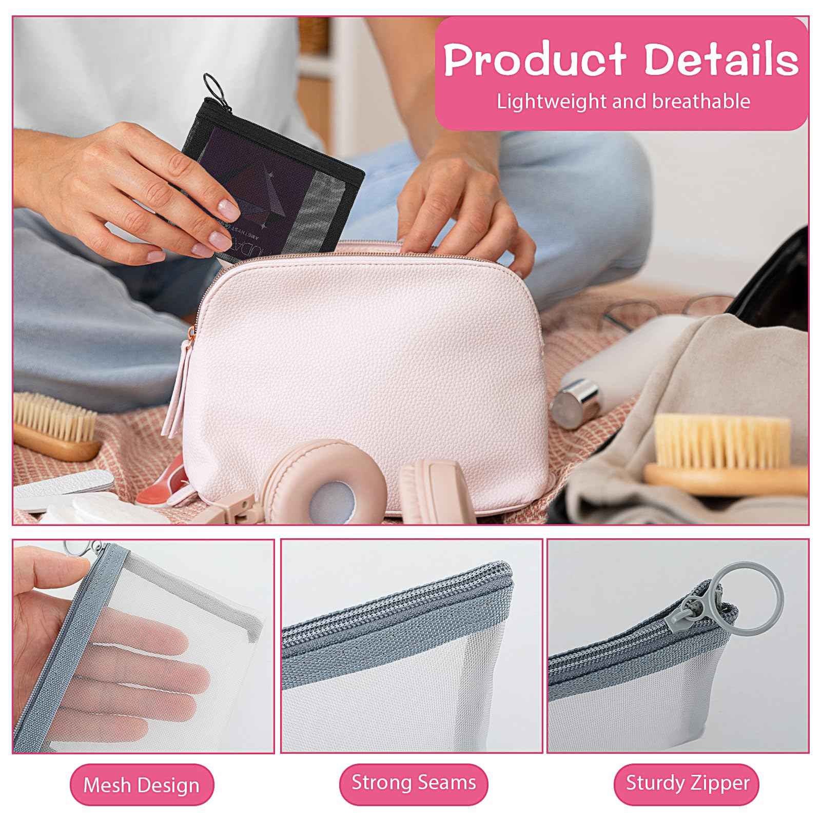 PEOVLVN 5 Pcs Mesh Zipper Pouch Bags, Small Makeup Bag for Purse Mini Zipper Mesh Bags Cosmetic Travel Toiletry Bag for Daily Toiletries Office Supplies & Cosmetics Travel Accessories