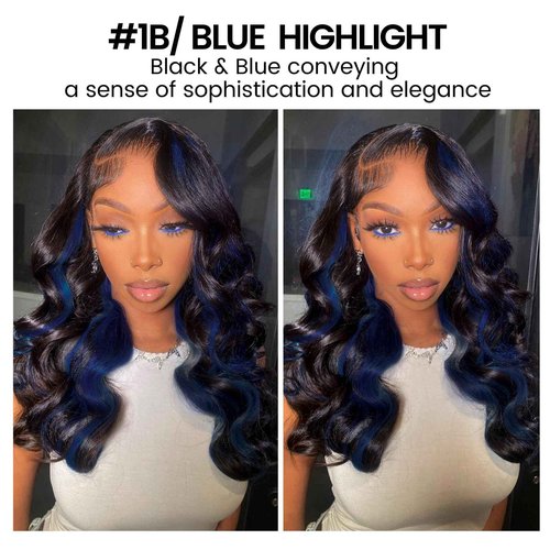 ALHER Black Mix Blue Body Wave 4x4 Lace Closure, 12A #1B/BlueColored Closure Free Part Pre Plucked with Baby Hair, 100% Virgin Remy Human Hair for Black Women 150% Density 12 Inch