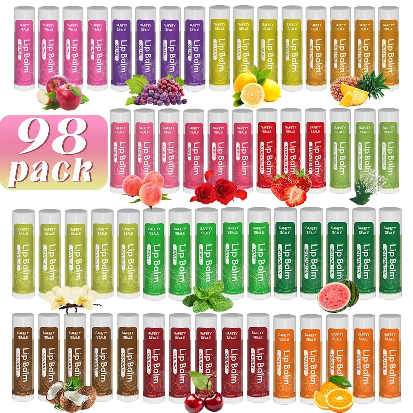 98 Pack Natural Lip Balm Bulk with Vitamin E and Coconut Oil - Moisturizing, Soothing, and Repairing Dry and Chapped Lips - 14 Flavors - Non-GMO