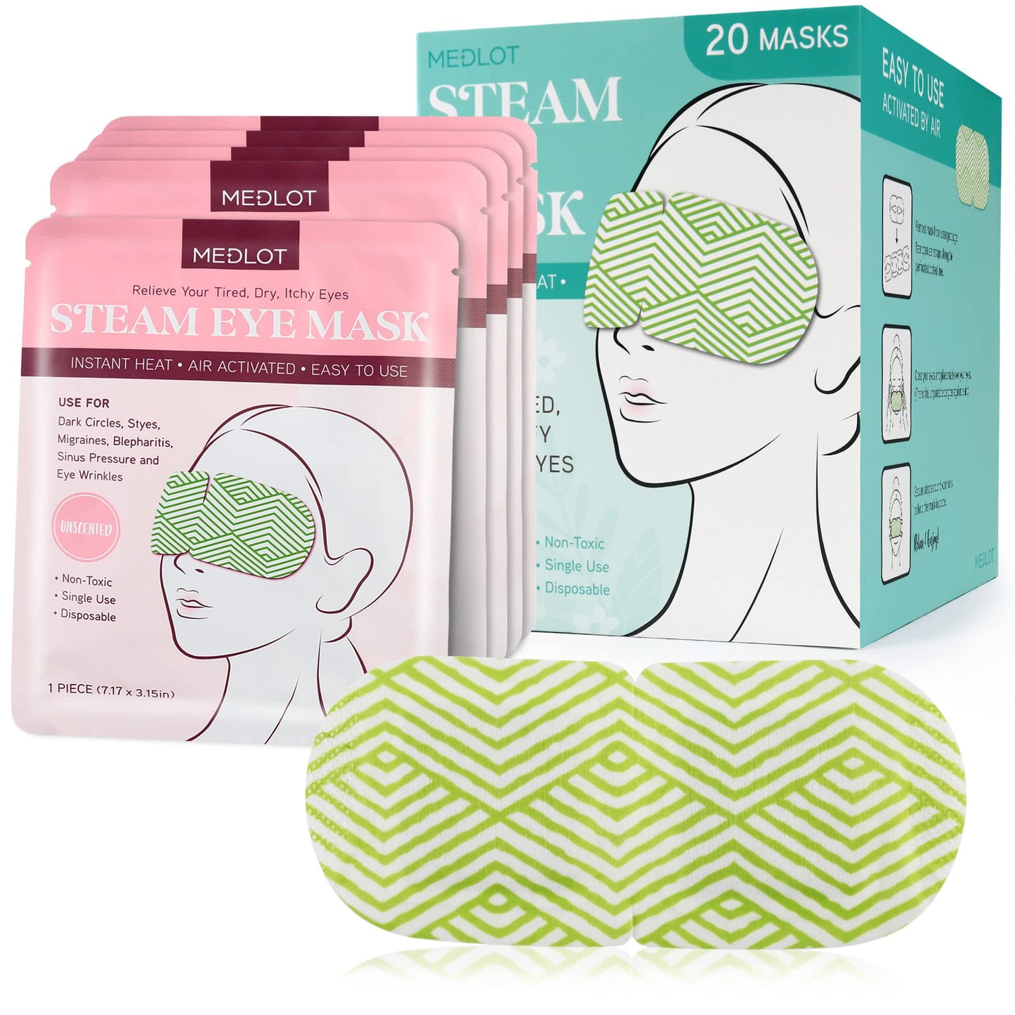 MEDLOT Steam Eye Masks, 20 Packs Heated Eye Mask for Dry Eyes, Puffy Eyes, Dark Circles, Disposable Moist Warm Eye Mask for Sleeping, Relief Eye Fatigue Hot Sleep Eye Mask, Unscented