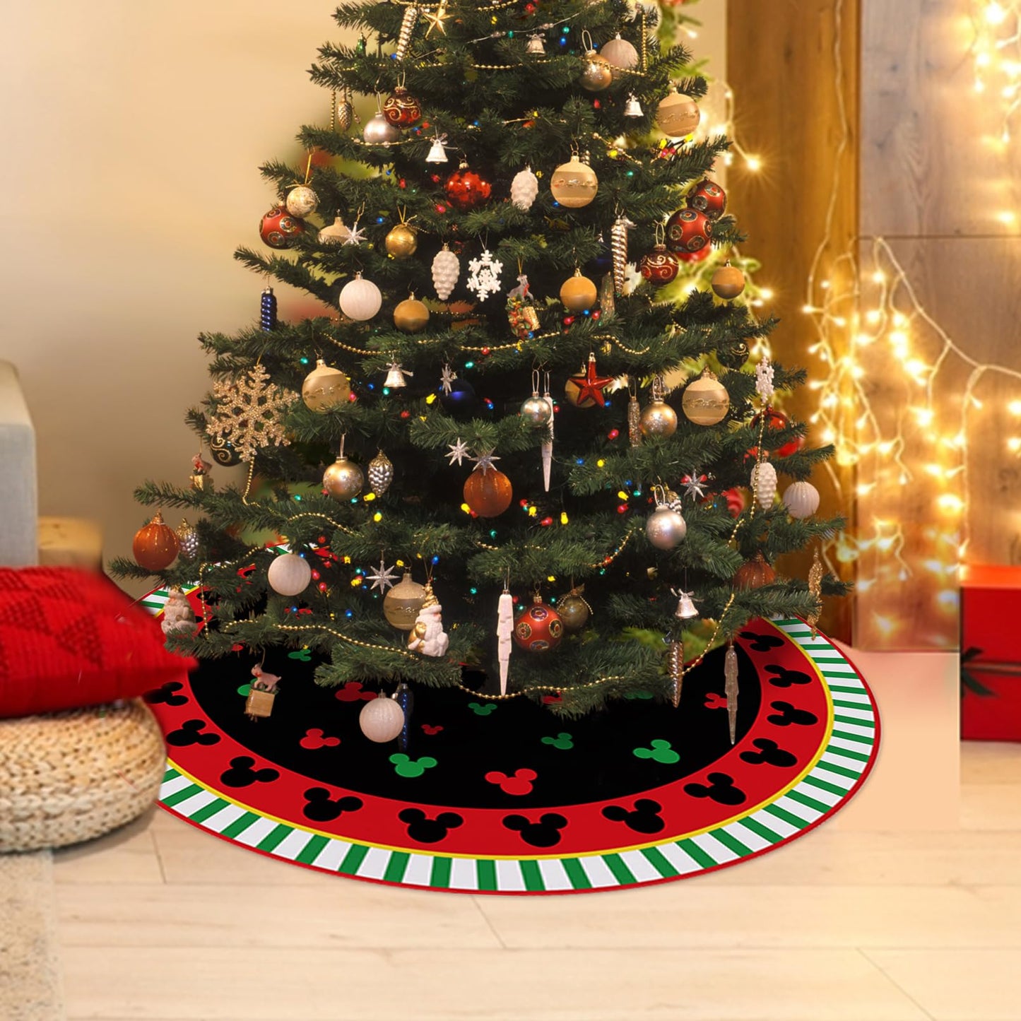 Fzbali Mouse Christmas Tree Skirt 72 Inches Lace-up Extra Large Artificial Black Red Xmas Tree Skirt, Green Stripes Holiday Party Indoor Decoration Home Decor