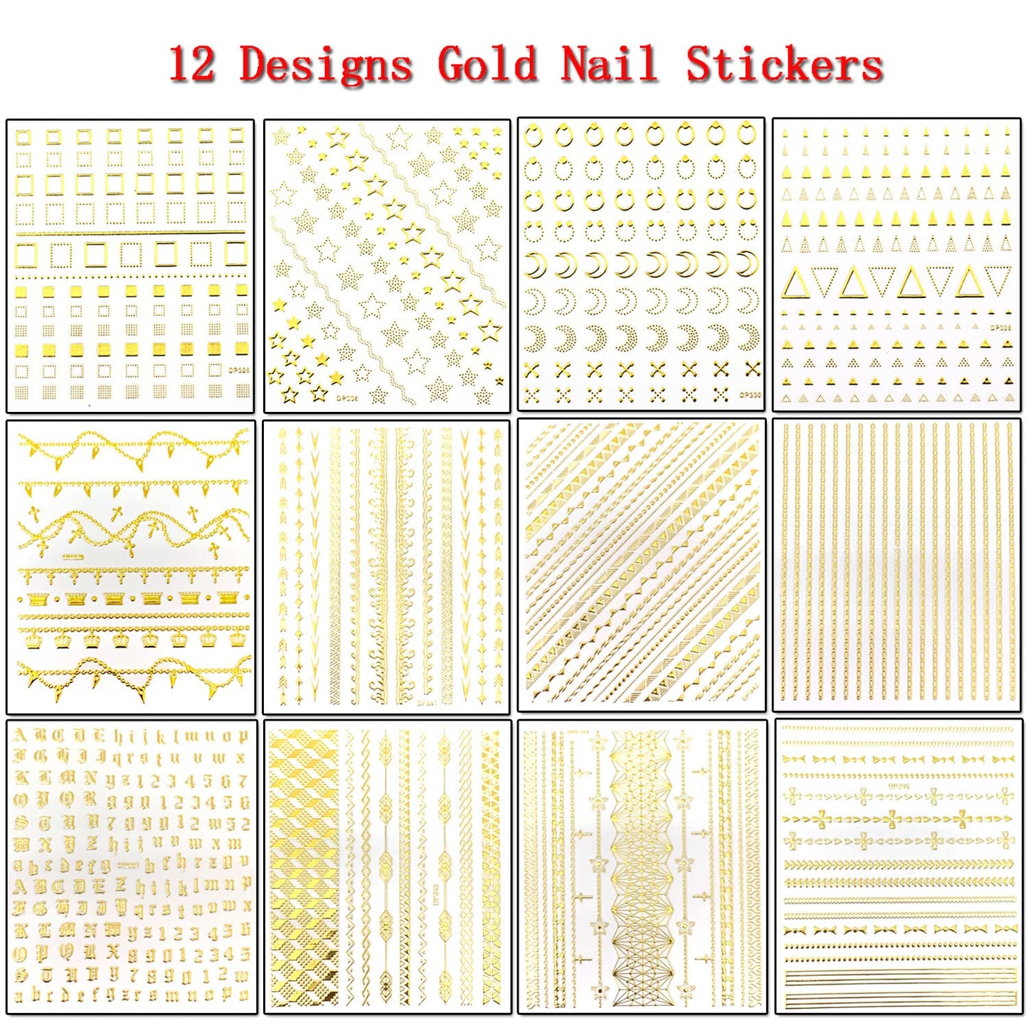 Gold Nail Art Stickers, Metallic Chains Line Triangle Heart Circle Letters Stars Square Nail Self-Adhesive Sticker Designs, Gold Nail Transfer Decals Supplies for Women Girls Manicure Decorations