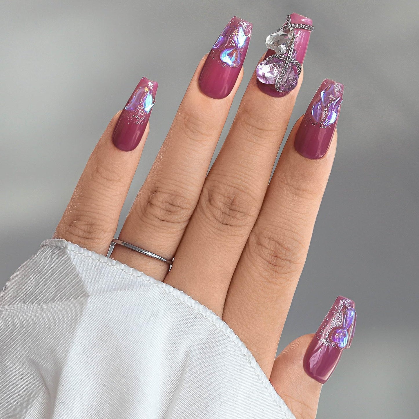 Sethexy Purple Rhinestone Long Coffin Fake Nail Handmade 3D Crystal False Nails Chain Aurora Glitter Press on Nails Salon Durable Nails for Women and Girls 10PCS(G)