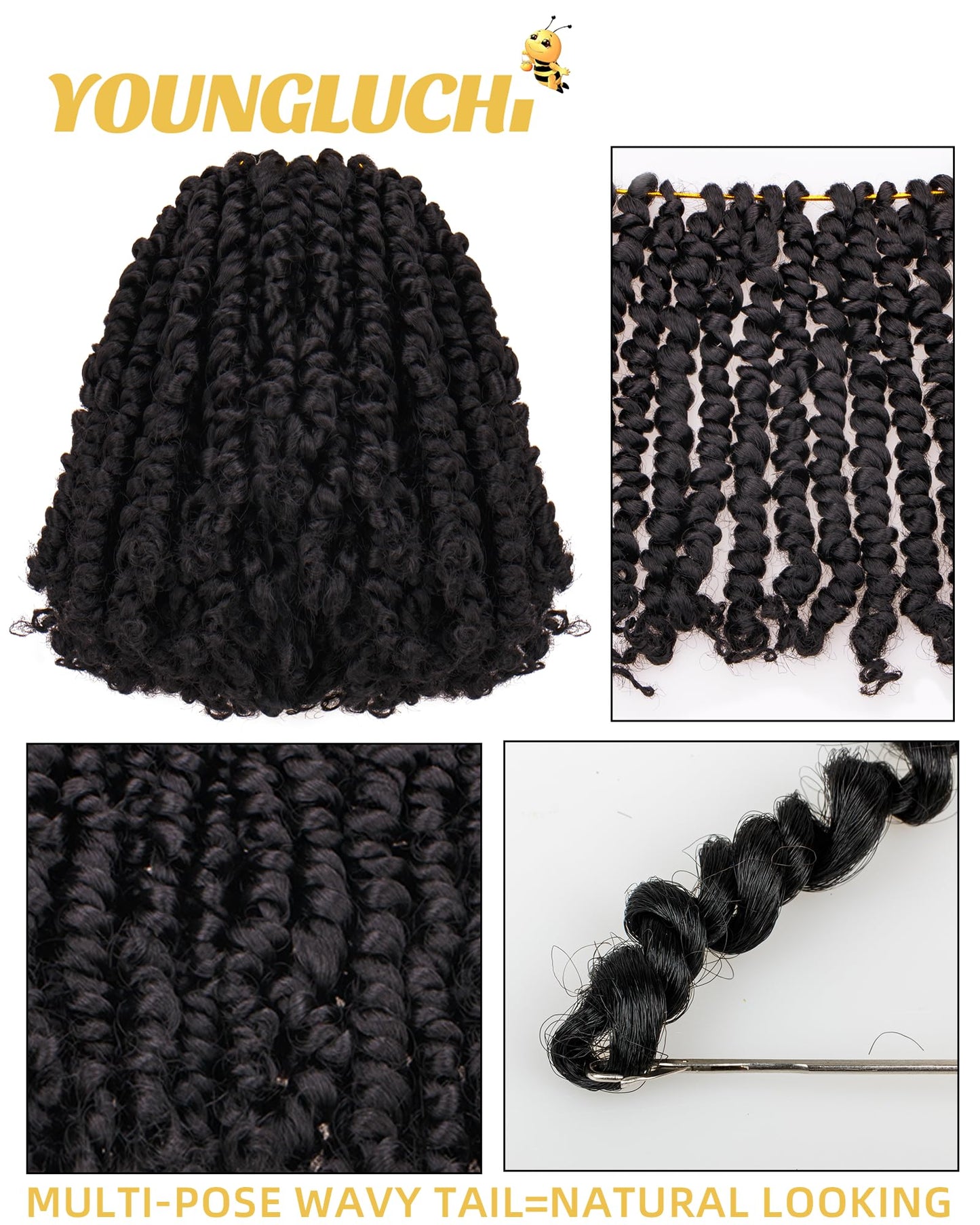 8 Inch 7 Packs Pre Looped Pretwisted Passion Twist Crochet Hair for Black Women and Kids-Natural Black,Soft Hair Extensions Braided by Synthetic Spring Kinky Twist Bohemian Curl(1B)