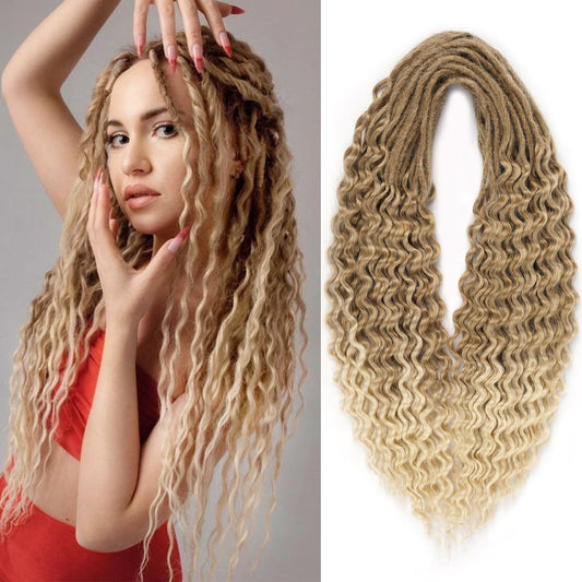 Leeven Curly Double Ended Dreadlock Extensions 24 Inch Ombre Blonde Wavy Dreads 10 Strands Handmade Crochet Wool Dreads Thin Soft Loc Extensions for Women Men