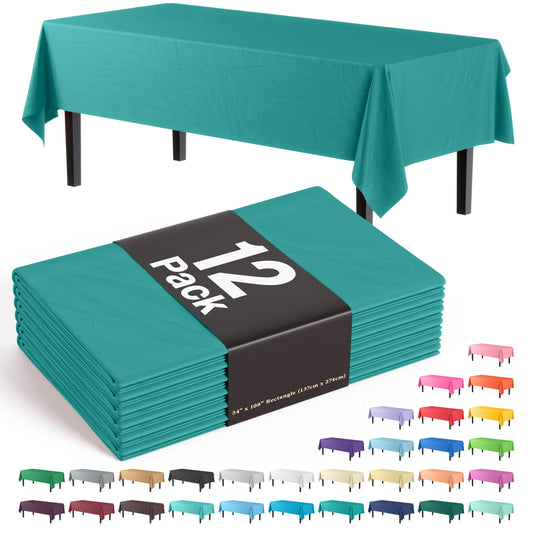 Exquisite 12-Pack Premium Plastic Tablecloth 54in. x 108in. Rectangle Table Cover - Teal