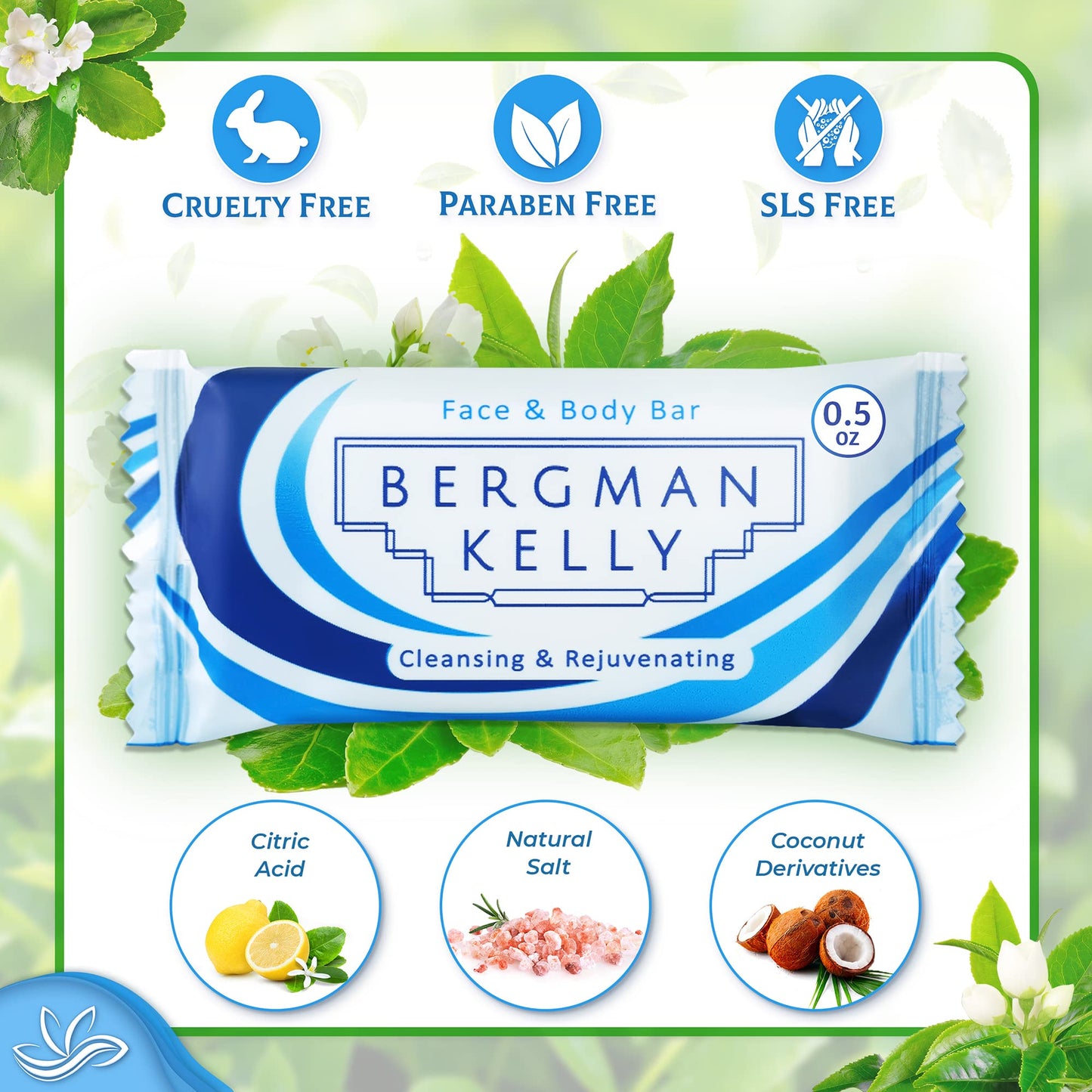 BERGMAN KELLY Hotel Soap Bars (White Tea, 0.5 oz, 100 PK), Travel Size Luxury Bulk Amenities Bar Soap, Mini Individually Wrapped Rectangular Soap, Small Toiletries for Airbnb, Motel, Guest Bathroom