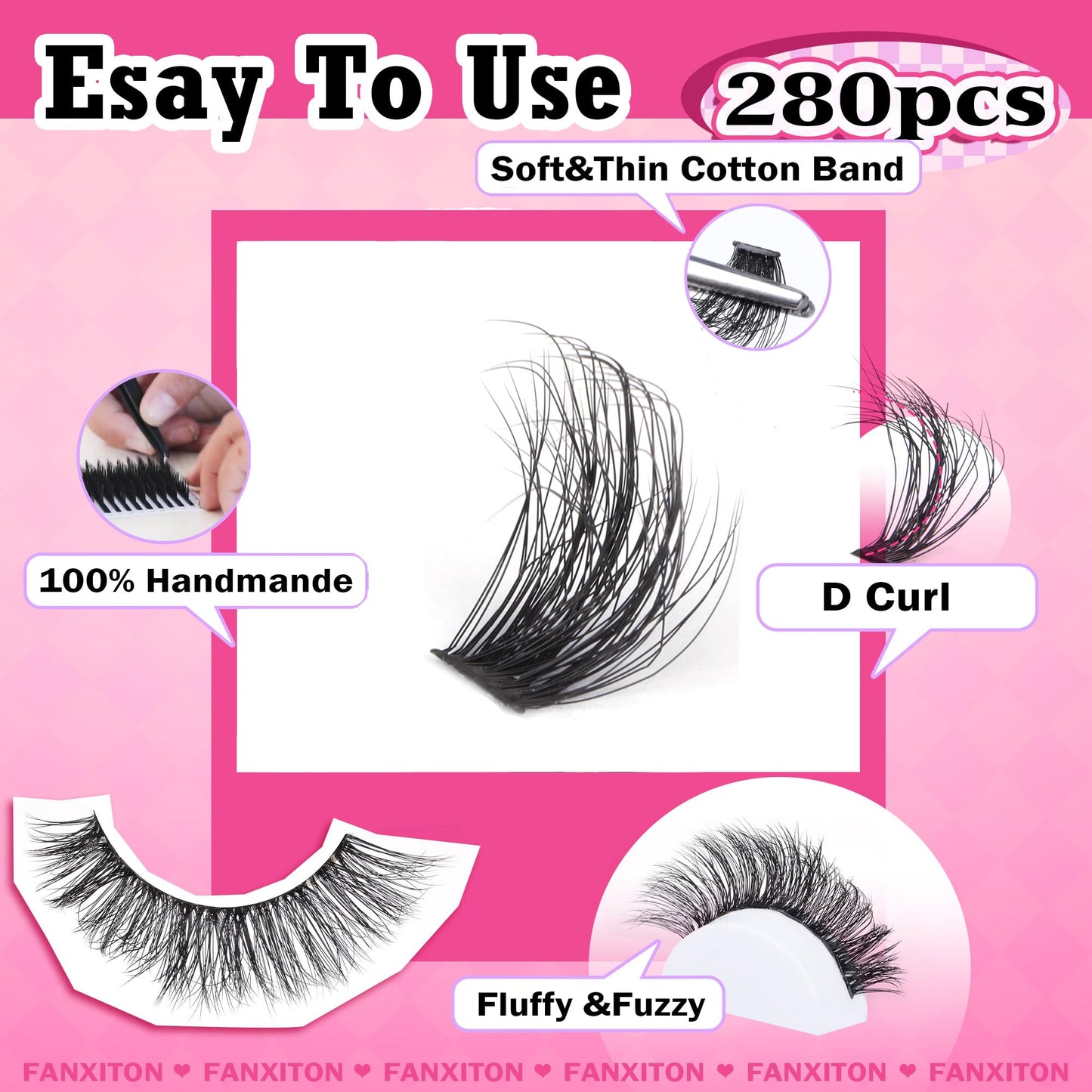 DIY Lash Extension Kit Fluffy 40D+50D Volume Lash Clusters Kit with Lash Bond and Seal 280pcs Thick Individual Lashes 9-16mm D Curl Mink Lashes Cluster, Lash Cluster Remover and Tweezers by FANXITON