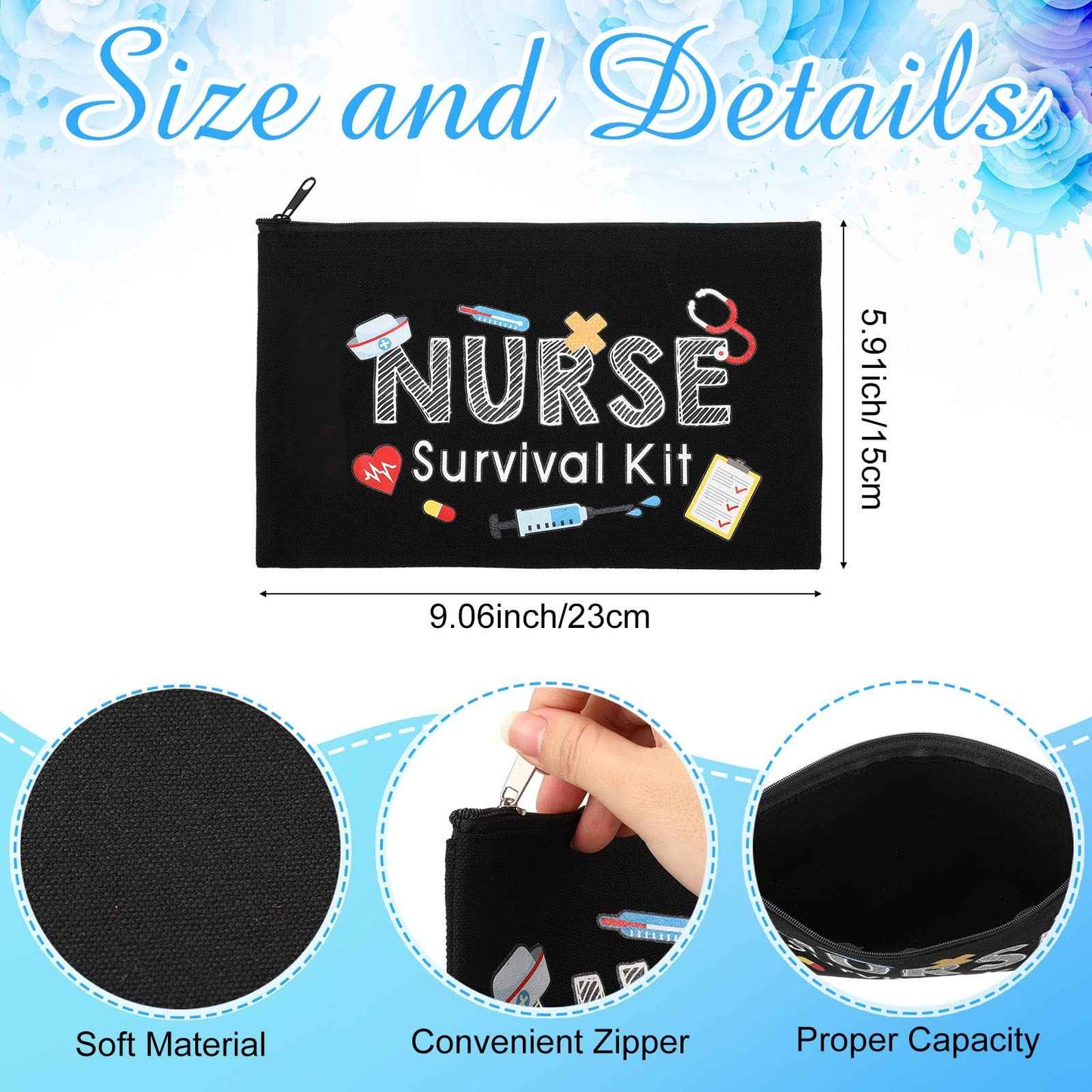 26 Pcs Nurse Survival Kit Cosmetic Bag Funny Gift for Nurse Practitioner Makeup Toiletry Nurse Bag Nurses Week Gifts Travel Zipper Nurse Pouch for Nurses School Birthday Teens, Black