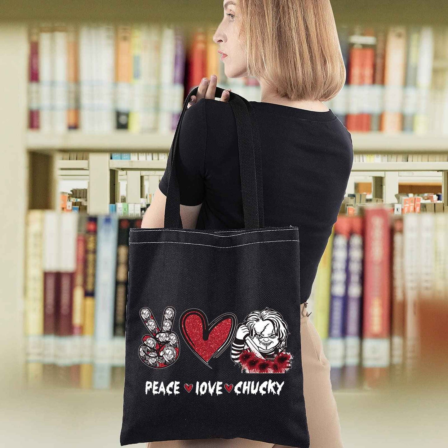 WZMPA Horror Movie Fans Cosmetic Bag, Peace Love Inspired Gift Makeup Zipper Pouch, Horror Merchandise (Peace Chuc TG BL)