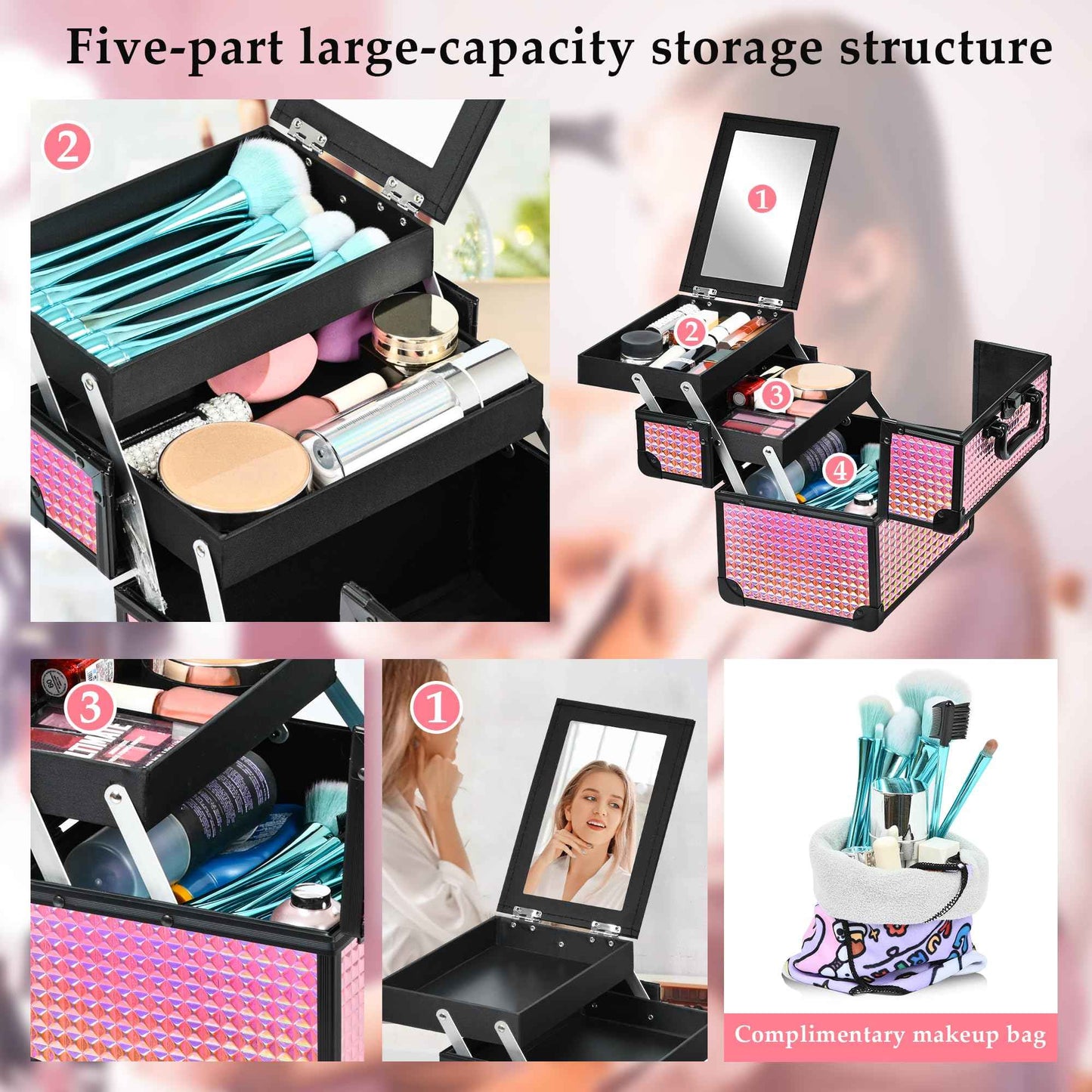 GALHUBIS Makeup Case Organizer,Makeup Train Case, Trays Cosmetic Box Portable, Profesional for Salon Barber,Black Bright Pink