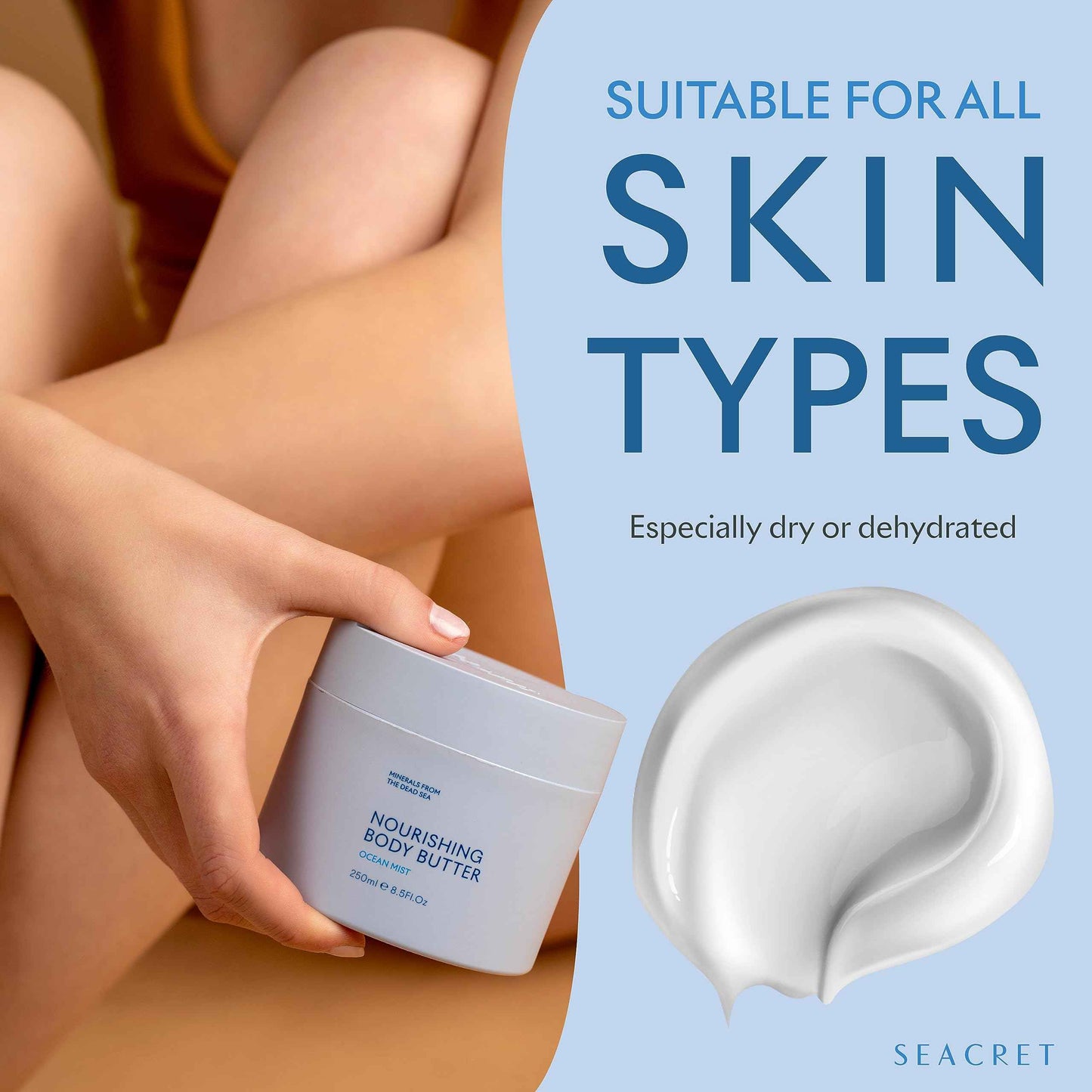 SEACRET OCEAN MIST BODY BUTTER: Hydrating Body Moisturizer Cream with Shea and Cocoa Butter, Vitamins E & C, and Dead Sea Minerals for All Skin Types, 8.5 FL. OZ, Ocean Mist