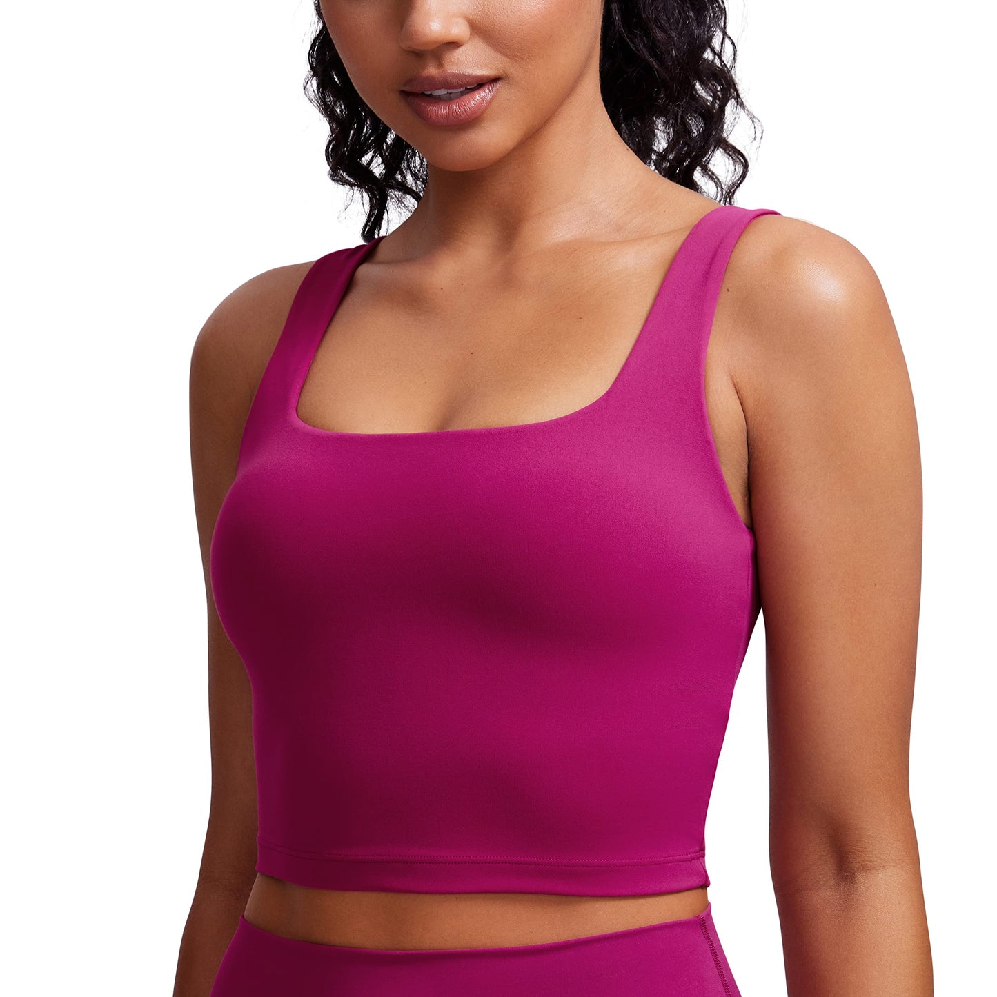 CRZ YOGA Butterluxe Womens Square Neck Longline Sports Bra - Workout Crop Tank Tops Padded with Built in Shelf Yoga Bra Magenta Purple X-Small