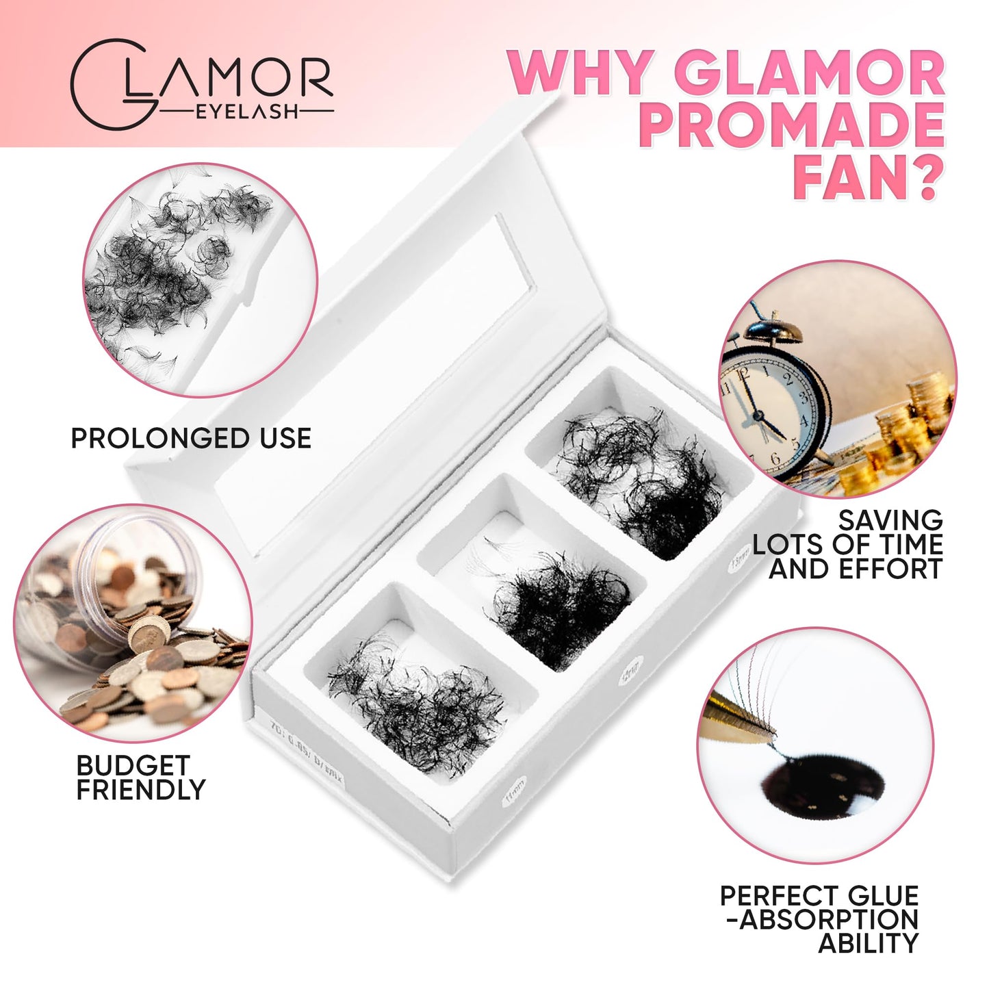 GLAMOREYELASH 750 Promade Fans Loose Mix, Natural Eyelashes Extensions 3D-16D, Handmade Individual Lashes 0.03/0.05/0.07mm Thickness, C CC D, 8-16mm Length for Fluffy Eyelash Cluster (5D-0.07-C, 14-15-16mm)