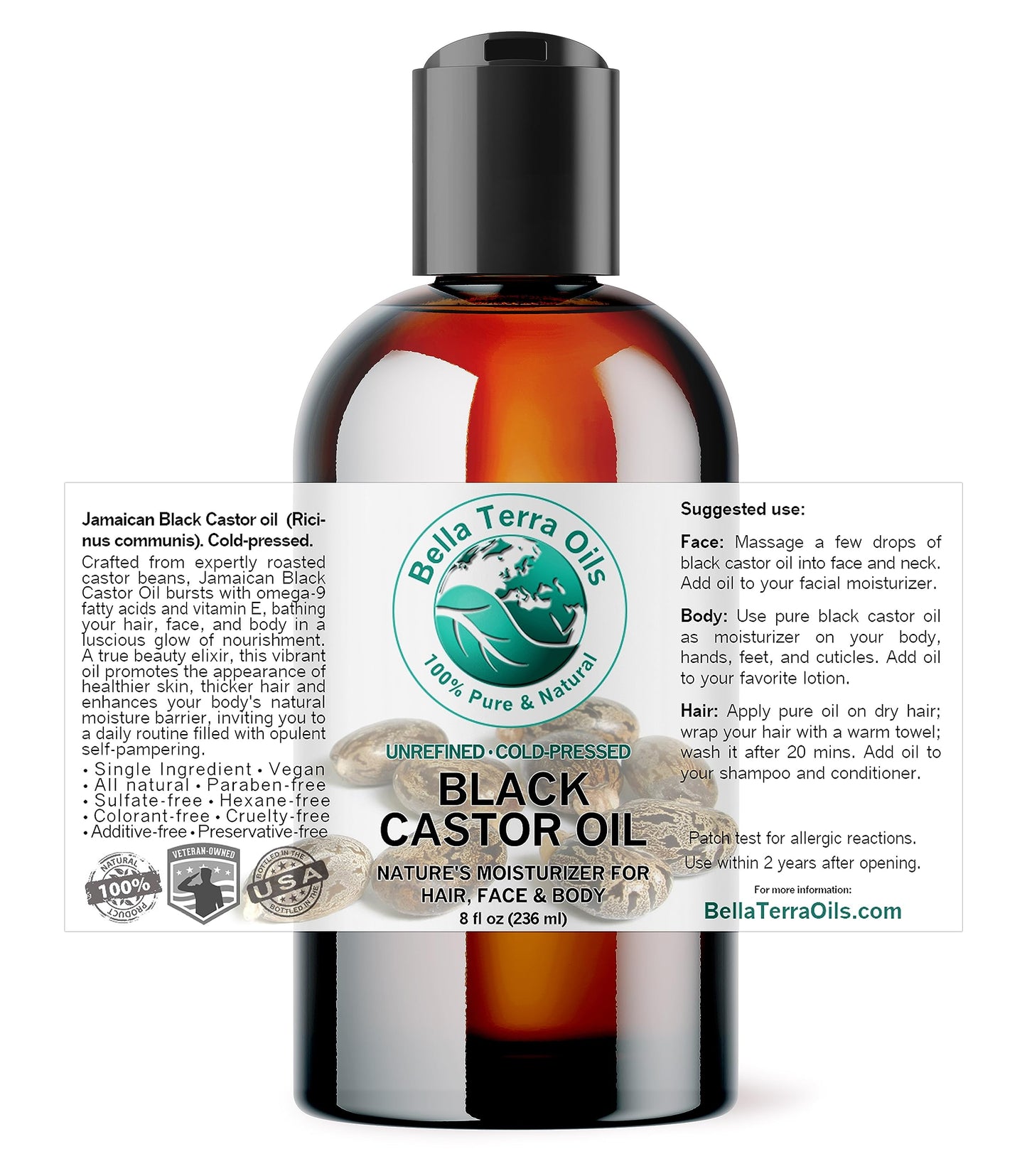 Bella Terra Oils - Black Castor Oil 8 oz - Dive into the Essence of Cold-Pressed Nourishment, Abundant in Essential Vitamins