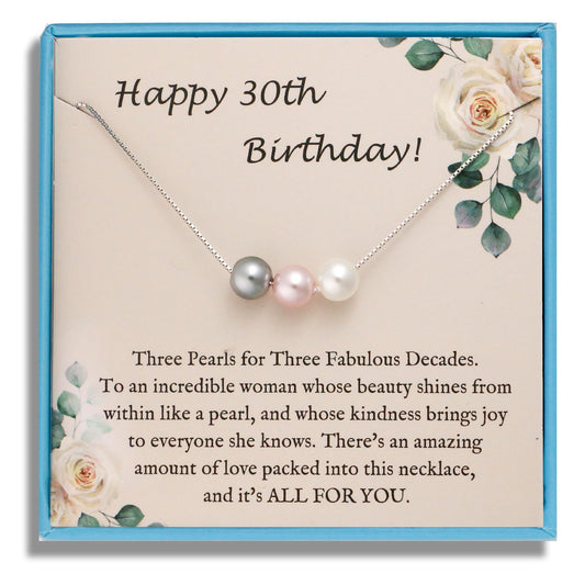 Sereney 30th Birthday Gifts for Her Sterling Silver Pearl Necklace as 30 Year Old Birthday Gifts for Women with Three Pearl Beads on Birthday Gifts for Turning 30 for Daughter or Friends