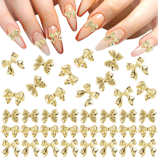 HINZIC 90Pcs Gold Bow Nail Charm 3 Styles Bowknot Nail Bows Glitter Acrylic Pearls Kawaii Valentines Wedding Prom Decoration for Women Girls Phone Case Scrapbook Envelope Cards Making